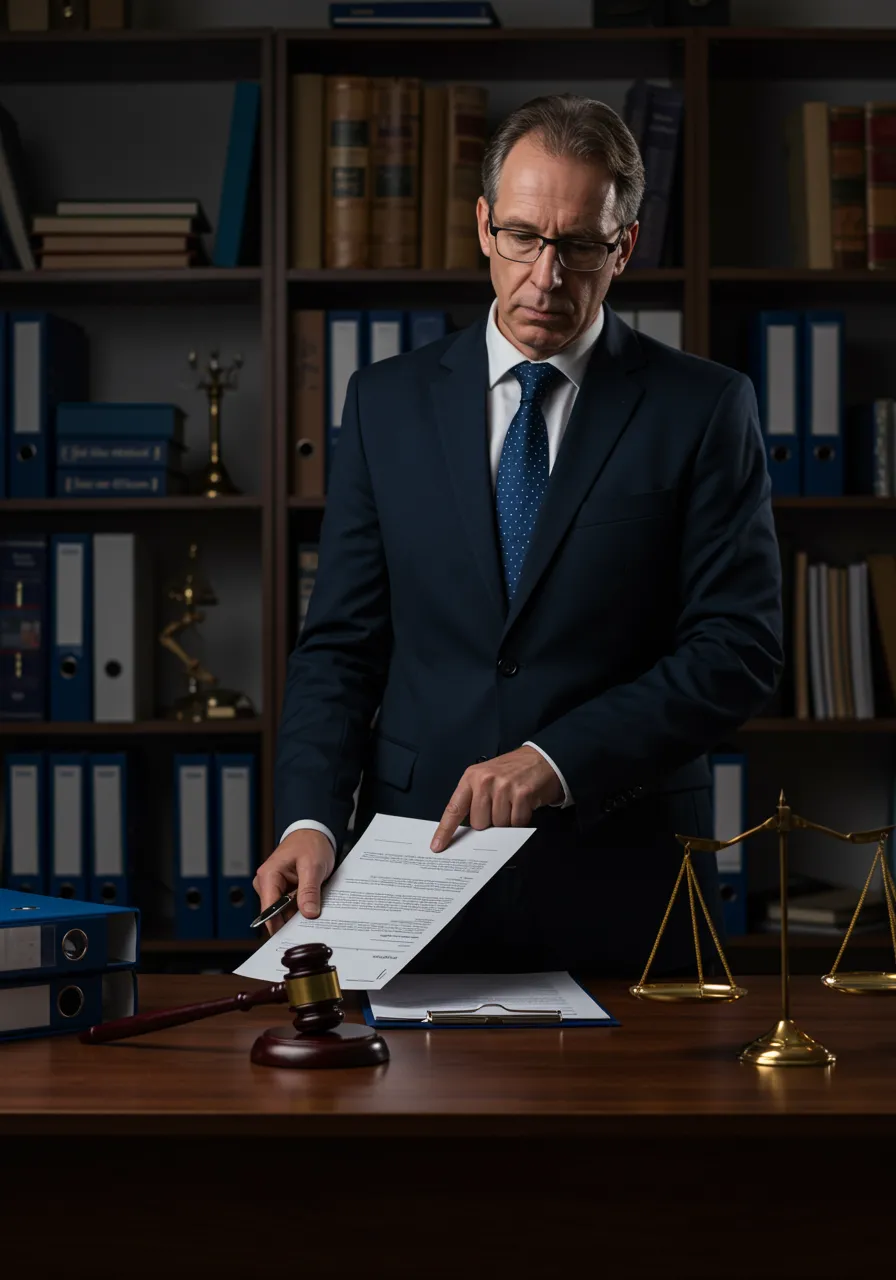 imagen15 "Abogado laboral en oficina legal formal, señalando un contrato junto a libros de derecho y elementos de justicia."
