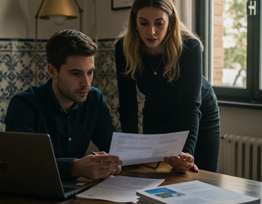 imagen18 "Espacio de coworking luminoso donde un freelancer y una asesora laboral revisan documentos, con laptop de software de nómina y decoraciones inspiradas en Málaga."