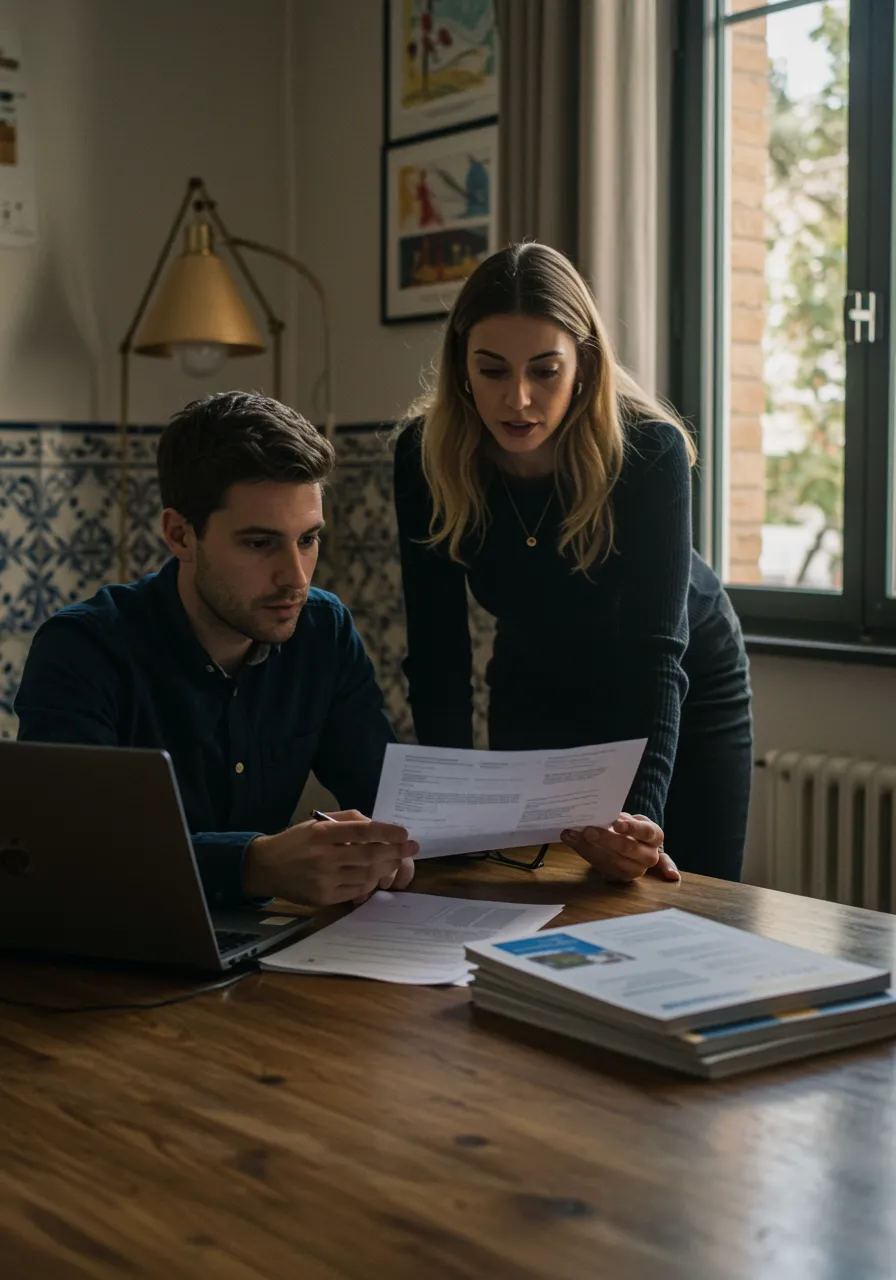 imagen18 "Espacio de coworking luminoso donde un freelancer y una asesora laboral revisan documentos, con laptop de software de nómina y decoraciones inspiradas en Málaga."