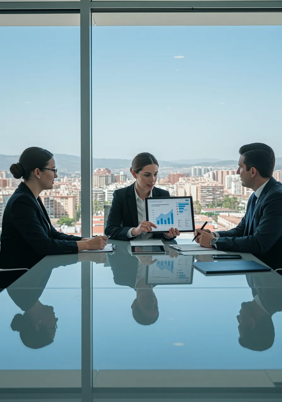imagen21 "Consultora en traje a medida en oficina moderna de Málaga, presentando gráficos de gestión laboral en tablet a ejecutivos, con vistas al skyline de la ciudad."