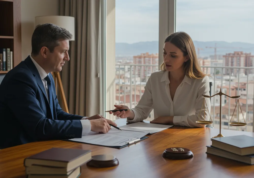 imagen26 "Imagen de un asesor laboral y una emprendedora revisando contratos en una oficina moderna con vistas al skyline de Málaga, transmitiendo profesionalismo y confianza en consultoría legal."