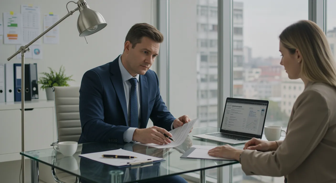 imagen26 3 "Ilustración digital hiperrealista de un consultor laboral revisando un contrato de empleo en una oficina moderna y soleada, destacando profesionalismo y cumplimiento normativo."